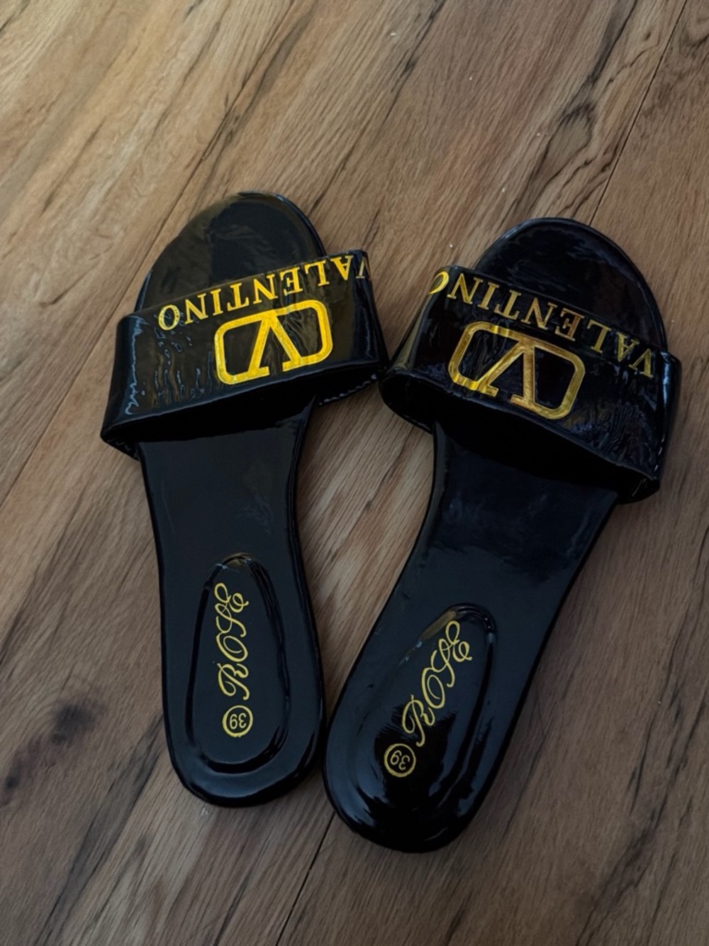 Valentino Black Patent Slide Sandals with Gold Logo